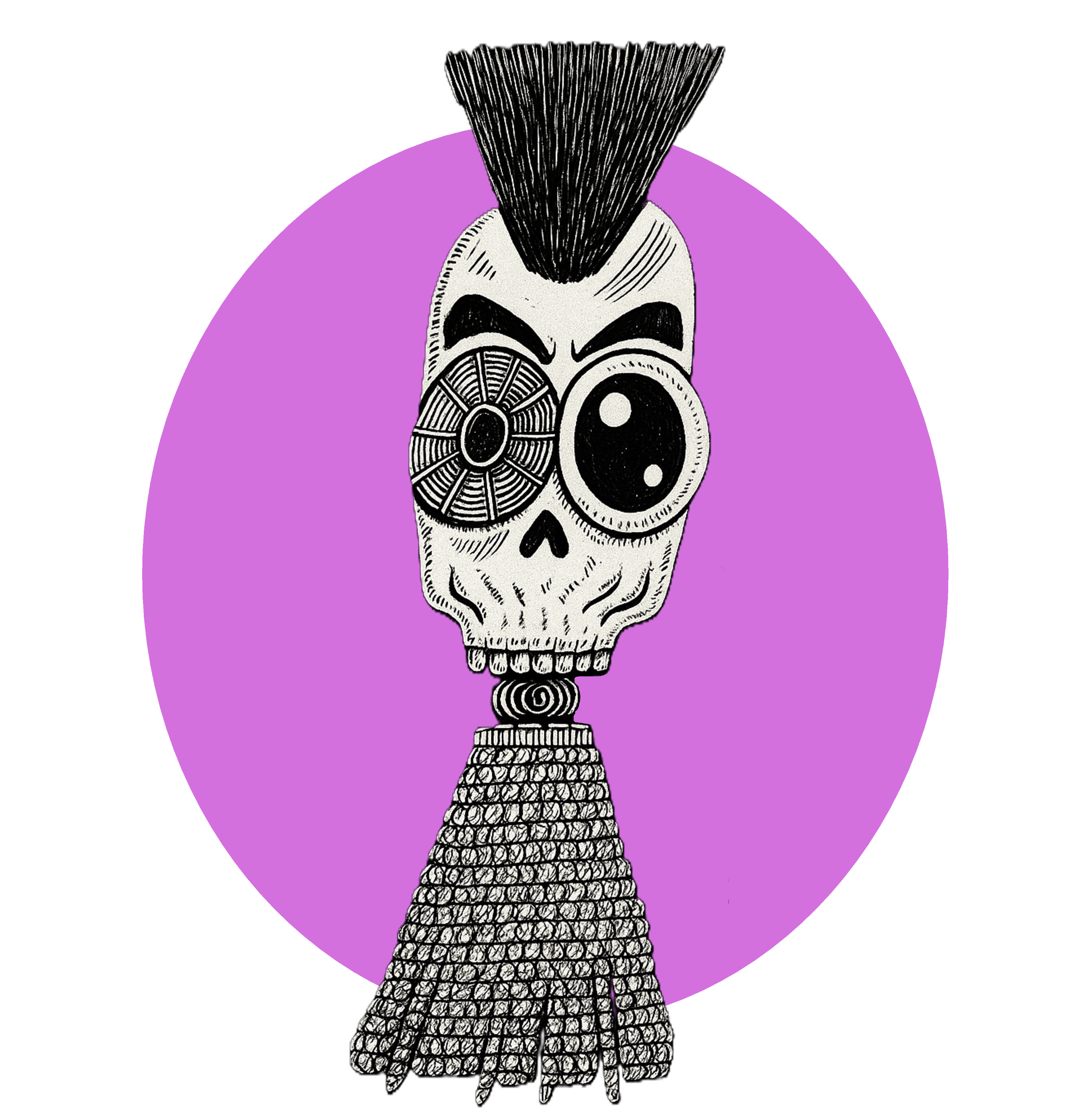 Skull with mohawk and tassel on a purple circle background